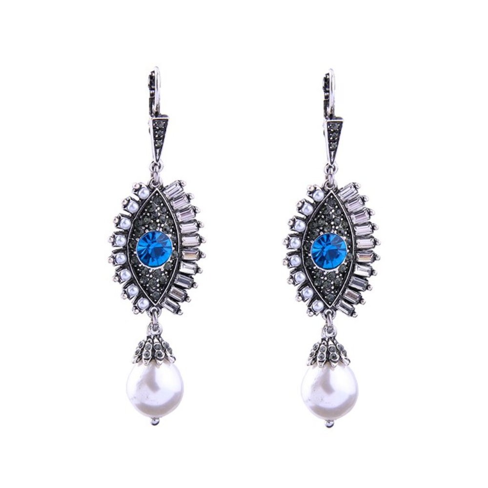 CRYSTAL AND SIMULATED PEARL EYE EARRINGS